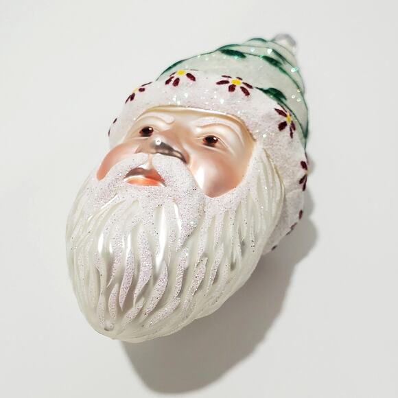 Glass Santa Ornament White w/Green Vine Red Yellow Flowers Winter - Picture 4 of 16